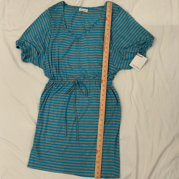 Calvin Klein Blue Gray Striped Drawstring Waist Knit Dress Sz 10 Stretch - Picture 10 of 11